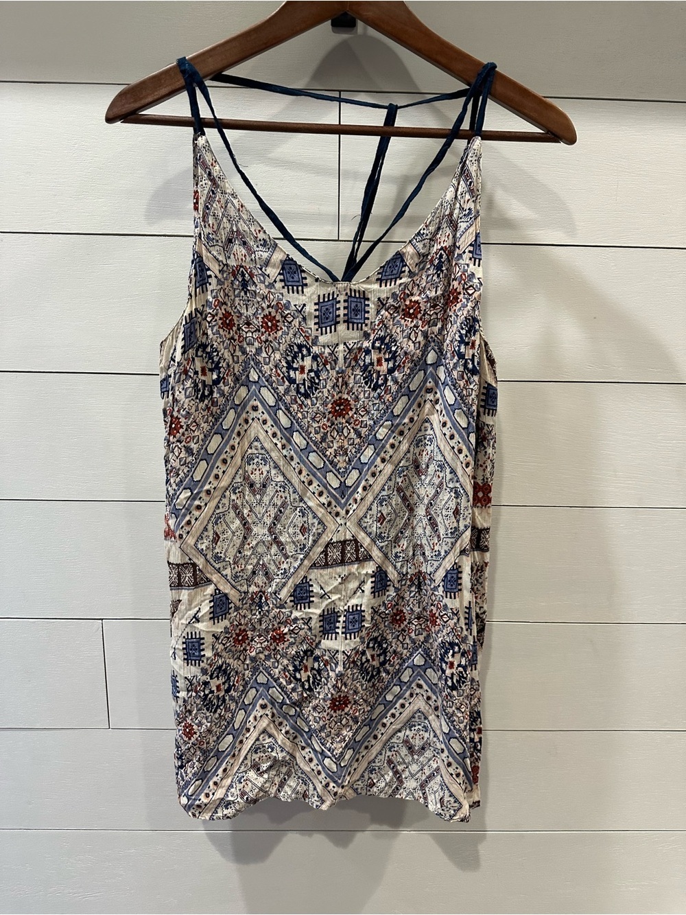 Angie Cream Tank Top with Navy & Rust Print- size Medium